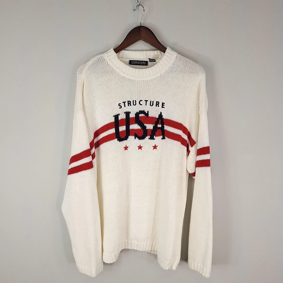 Structure Sweater Mens XL White Red USA Crewneck Knit Patriotic Pullover Y2K - Image 1 of 4