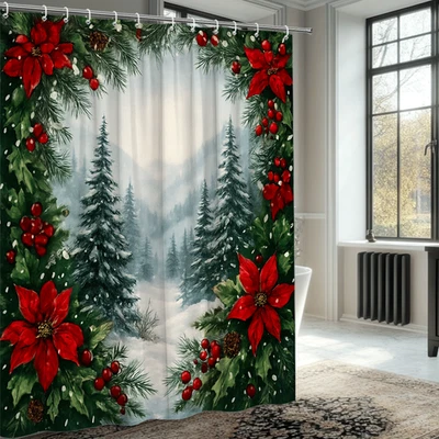 Cortina de Ducha de Navidad con Flores de Pascua Roja y Pinos Nevados Foto 1 de 4