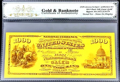 1875 $1000 BILL US BANKNOTE IN PROTECTIVE SLEEVE W COA - 99.9% 24K GOLD - Image 1 of 4