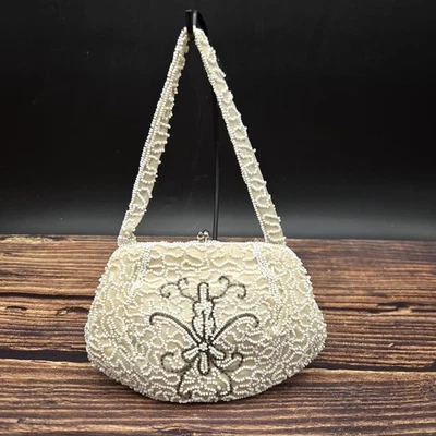 Bolsa de noite com miçangas bolsa semente miçangas forrada de cetim Bélgica branca 6" vintage - Imagem 1 de 4