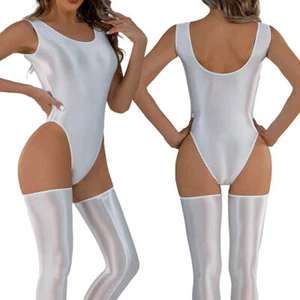 Women Shiny Glossy Leotard Lingerie High Cut Bodysuit Stretch Stockings Swimwear - Picture 1 of 20