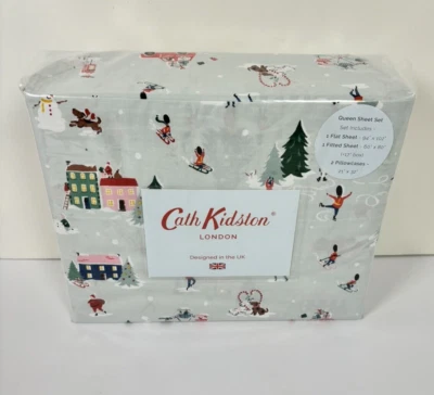 Cath Kidston London Snow Day Duckegg Queen Sheet Set Christmas Winter Town