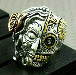 Gothic SKULL Rose FACE Day of DEAD Enamel Engraved Halloween Biker PUNK RING - Picture 1 of 7