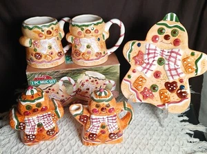 Vtg Gingerbread Man Christmas Set Of 5 Cream Pitcher, Sugar Cookie Plate 2 Mugs - Picture 1 of 11