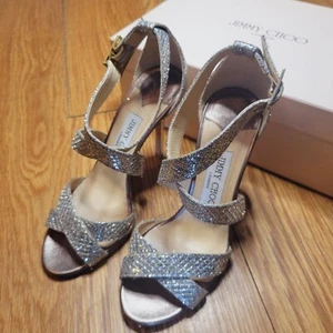 Jimmy Choo Louise Glitter Champagne Sandals Heels Size 36.5 U.S Women's 6.5  - Picture 1 of 21