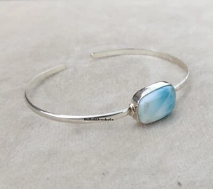 Natural Larimar Gemstone Beautiful 925 Sterling Silver Adjustable Bangle PG133 - Picture 1 of 2