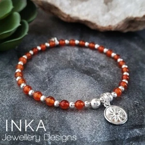 Inka 925 Sterling Silver & Orange Carnelian bead Stacking Bracelet & Sun charm - Picture 1 of 4