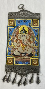 Small Hindu Ganesha Tapestry Fabric Wall Hanging Framed in Metal Ready to Hang - Picture 1 of 6