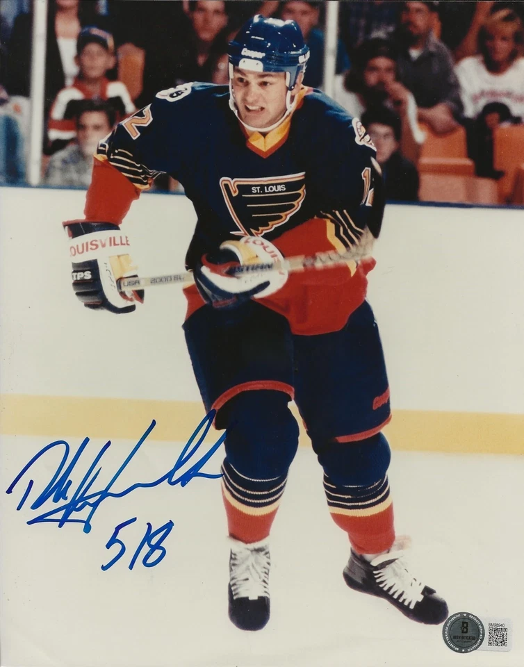 Foto firmada por Dale Hawerchuk St. Louis Blues 8x10 con inscripción 518 Beckett certificado de autenticidad Foto 1 de 1