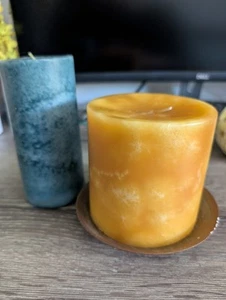 Griffith Honey Pillar Candle And Gold Plate W/ Blue Pillar Candle From DW Home - Picture 1 of 7