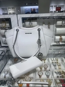 MICHAEL KORS DAMEN GROSSE WEISS SILBER SCHULTERTASCHE HANDTASCHE GELDBEUTEL + lange Geldbörse - Bild 1 von 16