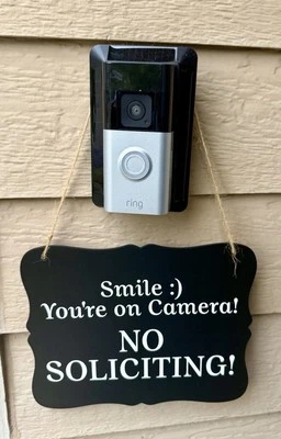 Privacy NO SOLICITING Smile You’re On Camera Hanging Sign Hang On Ring Doorbell - Image 1 of 2