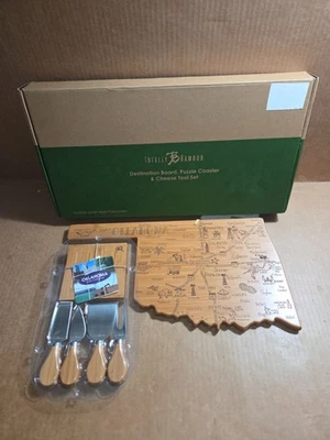 Totally Bamboo OKLAHOMA Wood Cutting Board Coasters Cheese Knives Gift Set NEW - Image 1 of 4