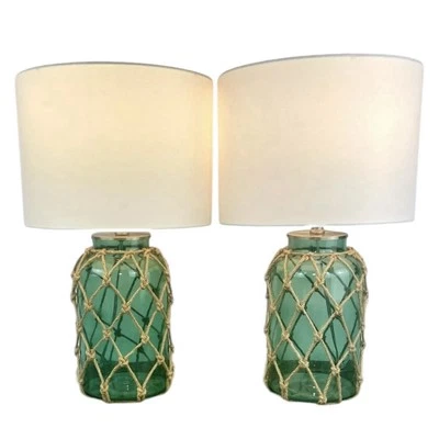 Juego de 2 Lámparas Costeras Azul Verde Vidrio Cuerda Náutica Casa de Playa Par a Juego Foto 1 de 4