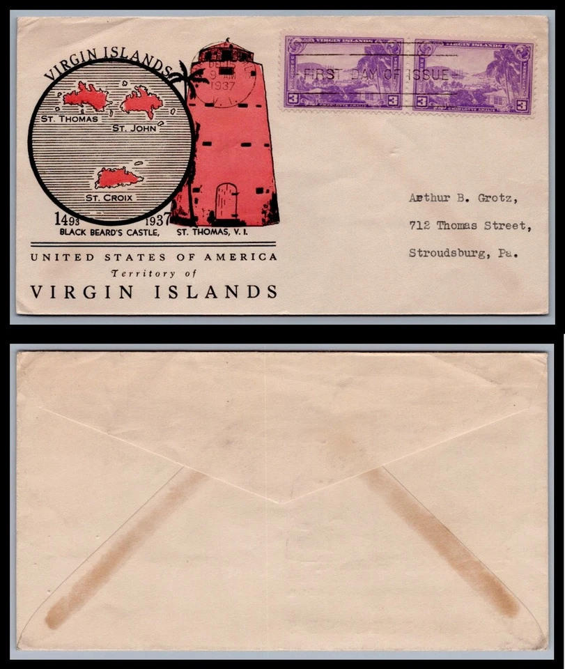 US FDC # 802 3c Virgin Islands  Linprint pair  1937, 9Q366 - Image 1 of 1