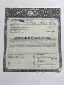 1985 Buick 4 Door Sedan Certificate Historical Document Virginia - Picture 1 of 4