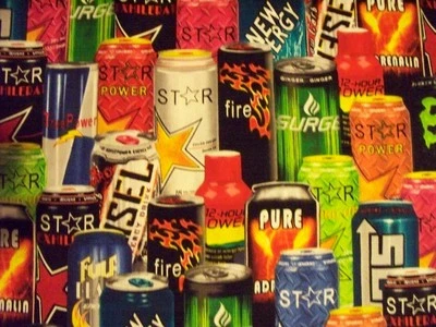 ENERGY DRINKS CANS DRINKS COTTON FABRIC FQ - Image 1 of 4