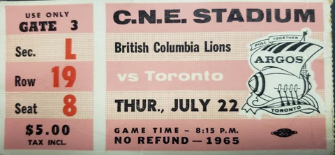 1965 C.N.E. Stadium British Columbia BC Lions vs Toronto Argonauts CFL Football Cover