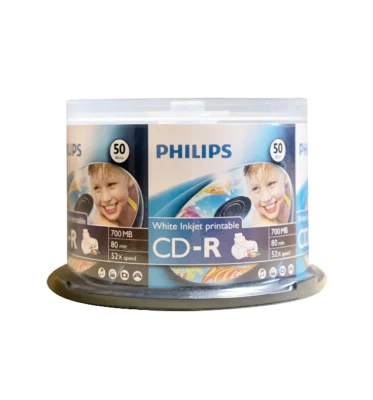 50 PHILIPS CD-R 52X White Inkjet Hub Printable 700MB/80 MIN SPINDLE CAKE BOX - Image 1 of 4