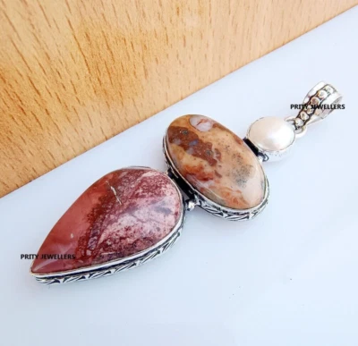 Colgante de jaspe natural, enchapado en plata 925 antiguo hecho a mano colgante grande Foto 1 de 4