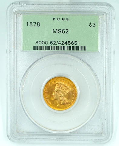1878 PCGS MS62 $3 Gold Indian Princess Old Green Holder Cover