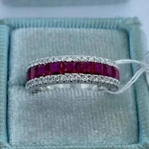2CT Princess Cut Lab Created Pink Ruby Wedding Ring14k White Gold Plated Silver - Picture 1 of 6