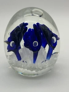 Joe Rice Paperweight Controlled Bubble Blue Trumpet Flower 4” Tall 1997 - Picture 1 of 9