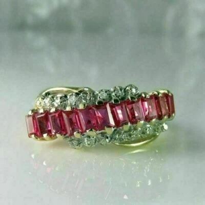 2CT Emerald Cut Lab-Created Ruby Women's Engagement Ring 14K Yellow Gold Plated - Image 1 of 3