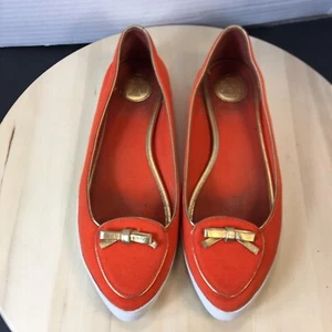 Tory Burch Dakota Flats Sneaker Canvas Leather Bow Logo Shoes, Size 8M Orange - Picture 1 of 9