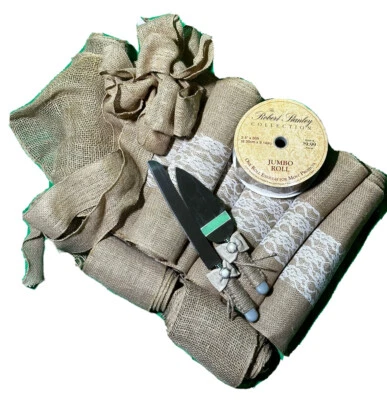 Lote de decoraciones de boda, corredores de mesa, juego para servir pasteles, arpillera 30yd. Cinta Foto 1 de 4