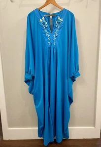 Vtg 60s Butterfield 8 Caftan Kaftan Loungewear Blue Embroidered Hostess Dress - Picture 1 of 9