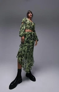 Topshop Damen Midirock mit roher Kante und Rüschen Grün Blumenmuster UVP 40 £ - Bild 1 von 13
