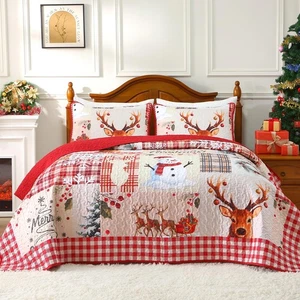Christmas Quilt Set King Size, Reindeer Snowman Pattern Red Plaid Patchwork Q... - Foto 1 di 7