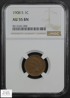 1908 S Indian Head Copper Cent 1C NGC AU 55 BN - Image 1 of 4
