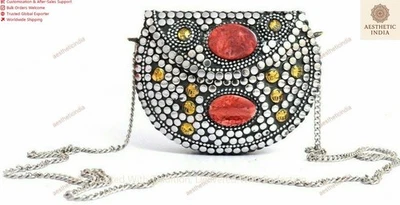 Kleine Größe Meenakari Stein Damen Modisch Handtasche Metall Schultertasche - Bild 1 von 4