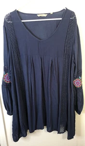 Anandas Collection Top Womens 1X Navy Blue Embroidered Rayon Sleeves Flowy Lace - Picture 1 of 9