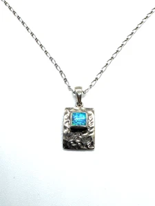 Sterling Silber 925 Halskette Handwerk gehämmert Anhänger blau Opal Stil Inlay 16" - Bild 1 von 11