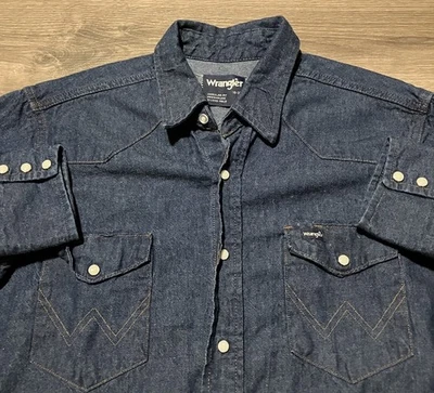 Vintage Wrangler Denim Pearl Snap Men’s Size Medium Blue Dark Wash Long Sleeve - Image 1 of 4