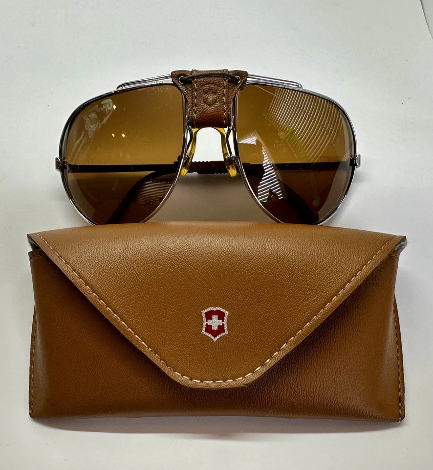 Vintage Swiss Army Silver 4000 Aviator Sunglasses Leather Accents 1980’s - Image 1 of 4