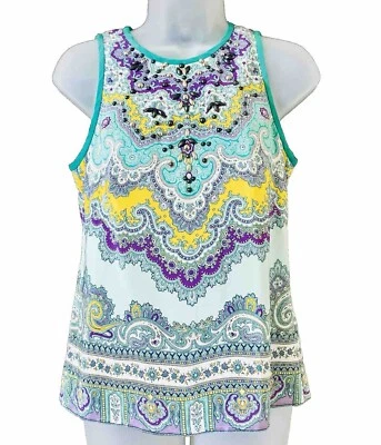 Blusa Nanette Lepore Talla 0 Seda Sin Mangas Tanque Cuentas Colorido Paisley Boho Foto 1 de 4
