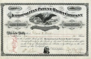 1879 Metropolitan Patent Right Co Stock Certificate - Picture 1 of 1
