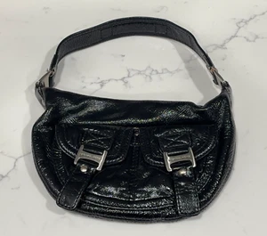 Michael Kors Black Patent Leather Mini Shoulder Bag Buckle Purse Y2K Biker Glam - Afbeelding 1 van 18