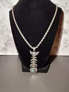 TAXCO MEXICO STERLING SILVER TURQUOISE ARTICULATING FISH W/Chain 53.65g - Picture 1 of 8