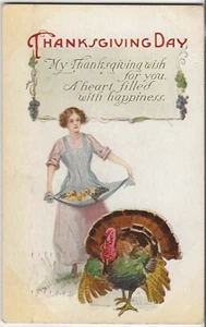 Vintage Postcard Thanksgiving: Turkey, Farm Girl - Picture 1 of 2