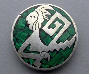 Spilla Ciondolo Vintage, Azteca, Maya, Messico. Malachite e sterlina. Medaglia. - Foto 1 di 4