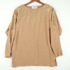 Vintage Shirt Top Womens 8 Beige Satin Long Sleeve Embroidered Evening 80s
