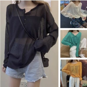 Women Sheer Knitwear Tops Shirts Blouse T-shirts Casual Retro Long Sleeve - Picture 1 of 13
