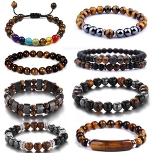 Natural Stone Tiger Eye Beaded Bracelet Bangle Energy Women Men Jewelry Gift New - Photo 1 sur 26