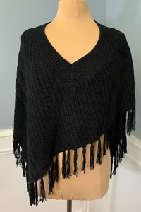 Calvin Klein Poncho Sweater Womens L V Neck Black Loose Cable Knit Fringe - Picture 1 of 7