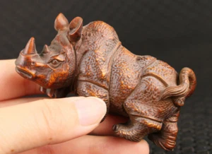 Estatua de rinoceronte chino de madera de boj hecha a mano china netsuke - Imagen 1 de 8